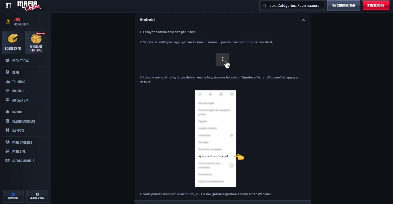 Application mobile Mafia Casino en ligne