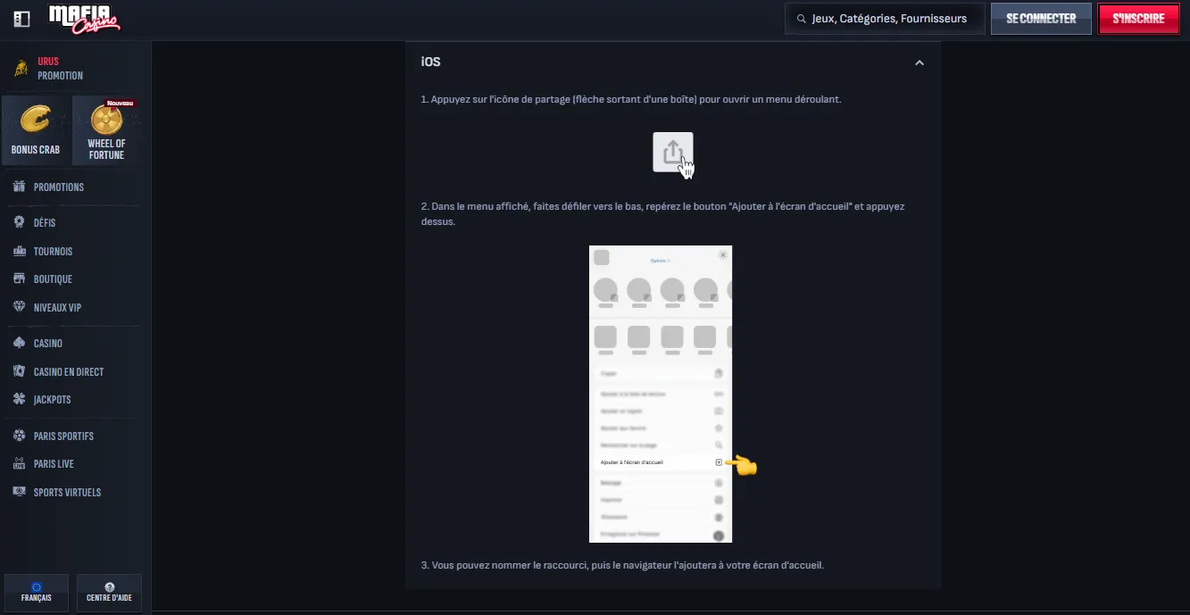 Présentation de Mafia Casino app — interface mobile